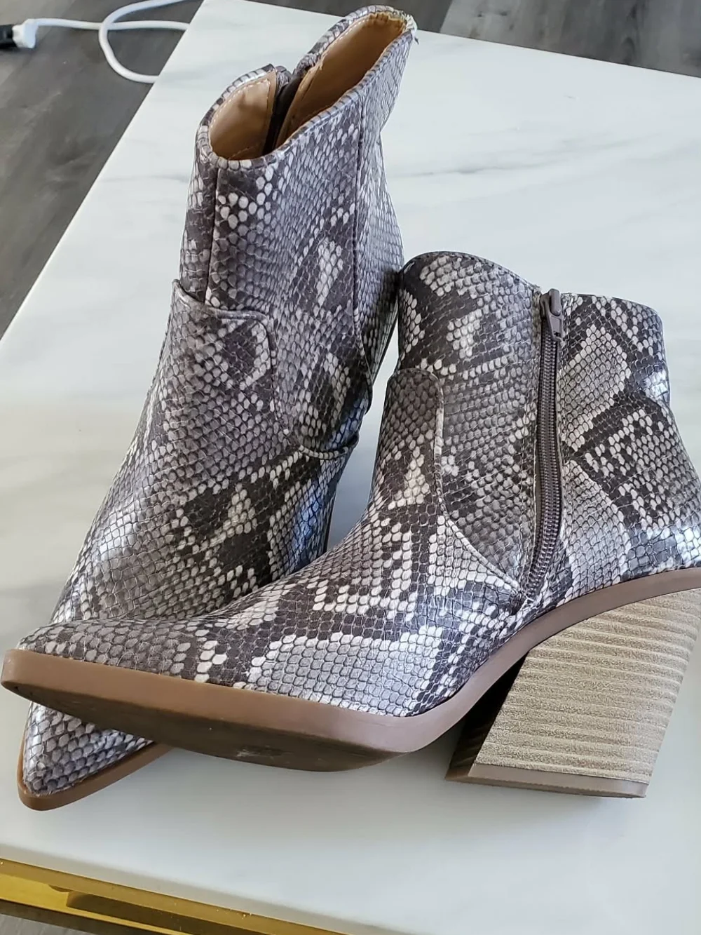 Express Gray Snake-Print Pointed Ankle Booties